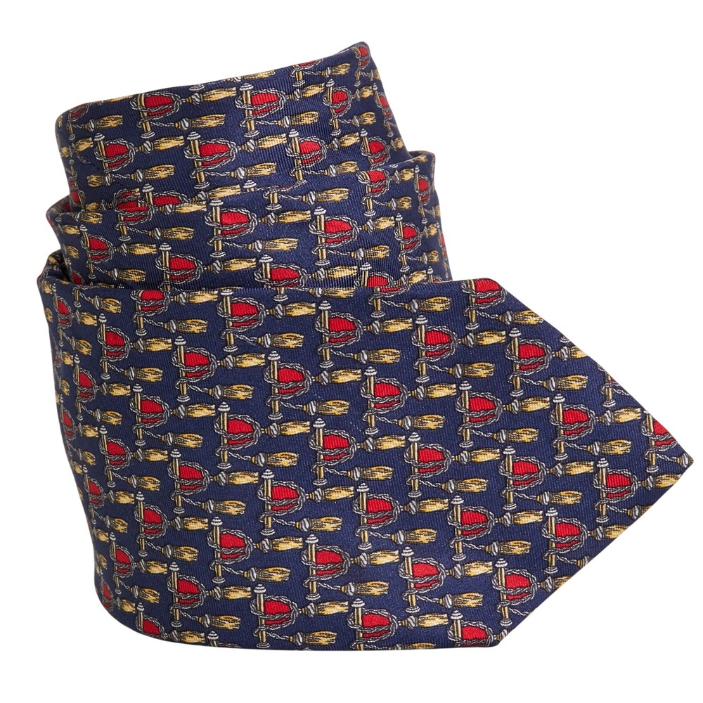Lancel Paris‎ Necktie Mens OS Navy Blue Equestrian Tassel Silk Made in France